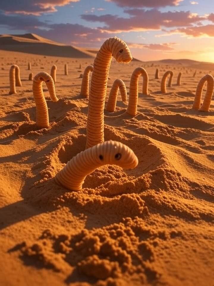 Cena épica de Duna com vermes de areia no deserto de Arrakis, marco na cultura pop.