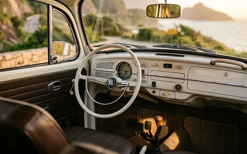 Painel minimalista de um Volkswagen Fusca antigo com volante de metal.