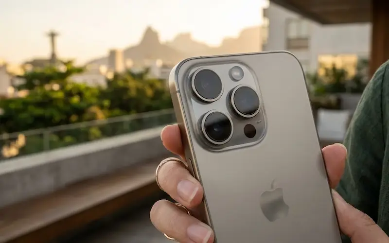 Detalhe das três lentes da câmera de um iPhone Pro moderno.