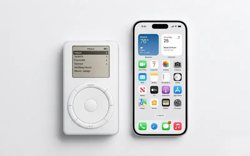 Um iPod clássico ao lado de um iPhone moderno para comparação.