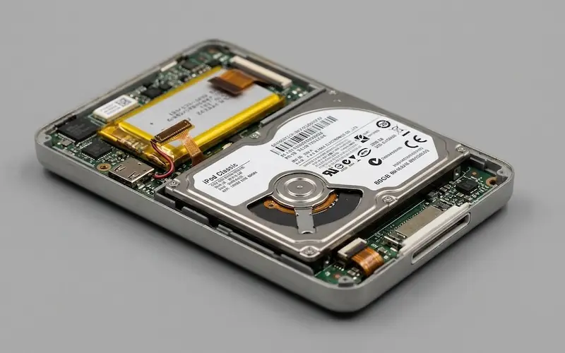 Close-up dos componentes internos de um iPod Classic.