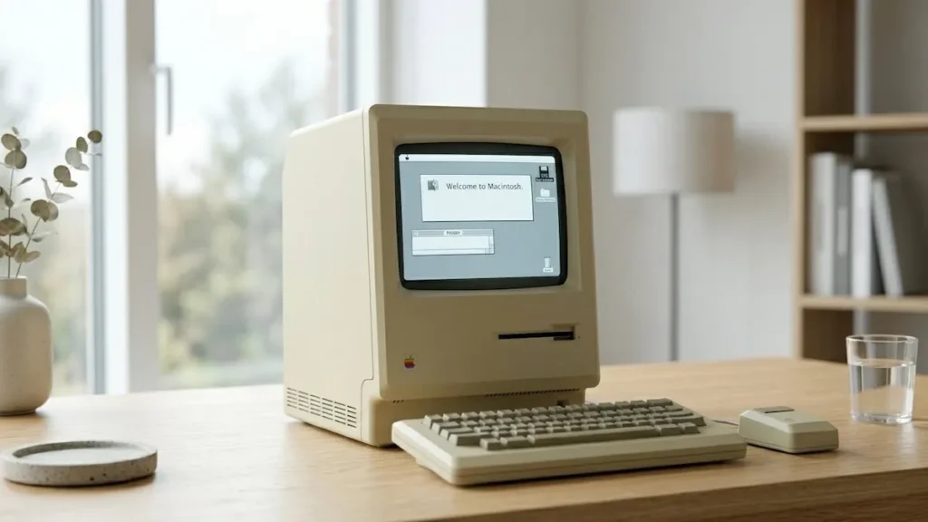 Computador Macintosh 128K original com interface gráfica na tela.