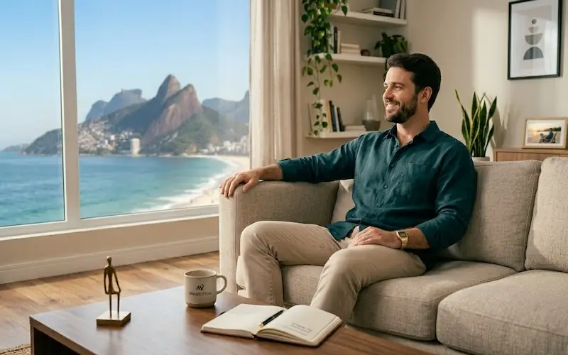 Pessoa tranquila em um ambiente relaxante simbolizando a vida sem dívidas.