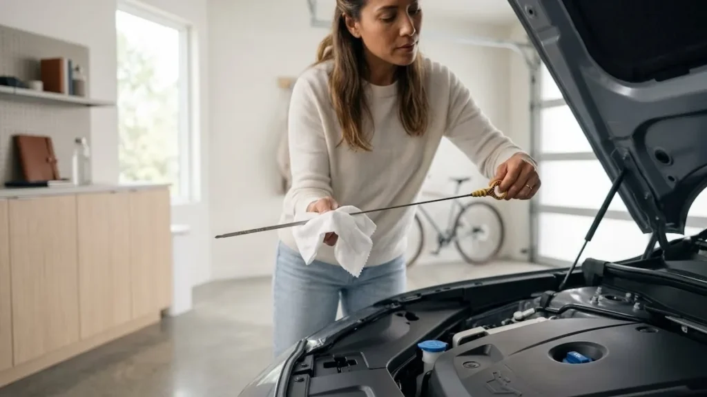 Motorista verificando o nível do óleo do motor de um carro moderno.