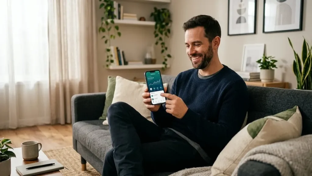 Homem sentado no sofá usando o celular para gerenciar aplicativos de renda extra.