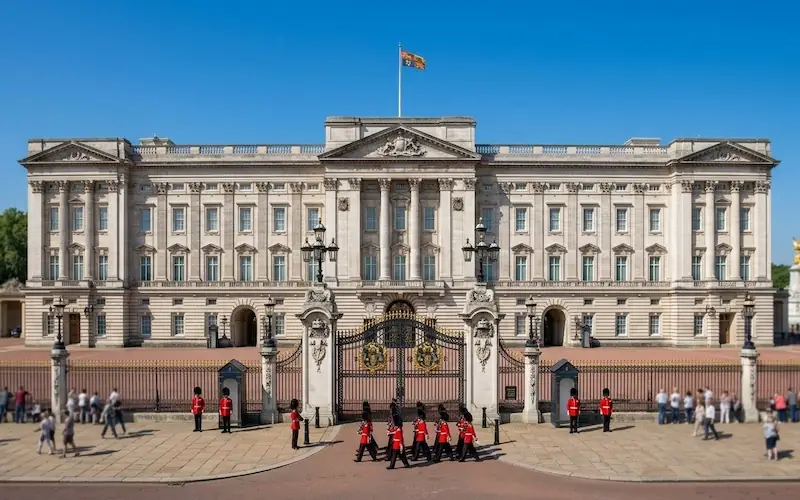 Fachada do Palácio de Buckingham com guardas reais em destaque.