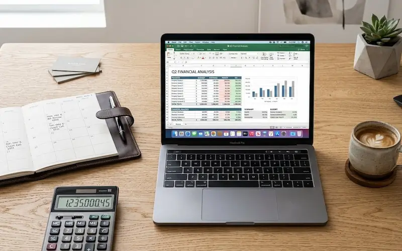Mão de uma pessoa planejando finanças em um notebook com uma xícara de café ao lado.