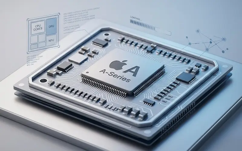 Close-up técnico de um processador Apple A17 Pro em uma placa de circuito.