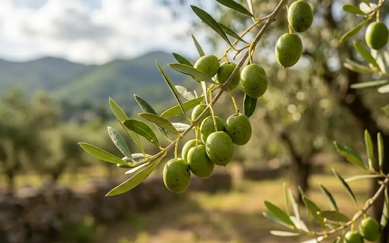 Ramos de oliveira carregados de azeitonas verdes em um campo ensolarado.