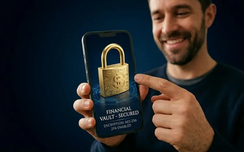 Smartphone com cadeado dourado simbolizando segurança em transações financeiras.