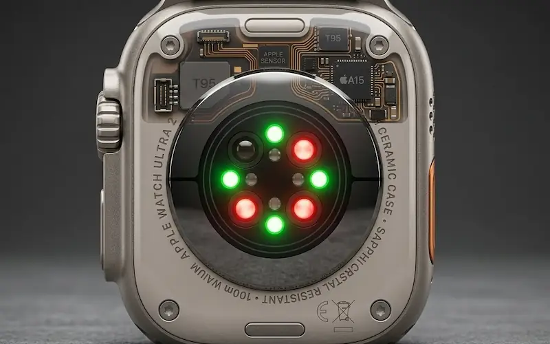 Visão detalhada dos LEDs traseiros do Apple Watch acesos.