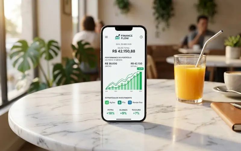 Aplicativo financeiro moderno em um smartphone mostrando crescimento de investimentos.