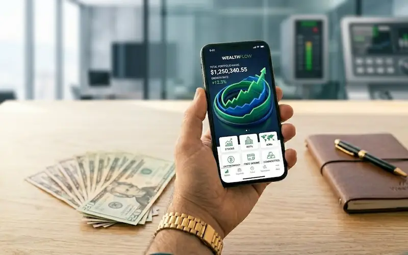 Smartphone com interface de banco digital ajudando a evitar dívidas dia a dia.
