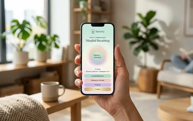 Smartphone com aplicativo de meditação ajudando a reduzir estresse dia a dia.