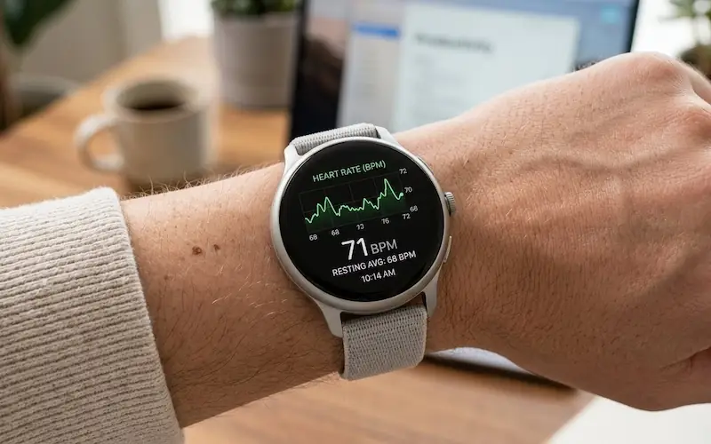 Smartwatch monitorando batimentos para ajudar a reduzir estresse dia a dia.