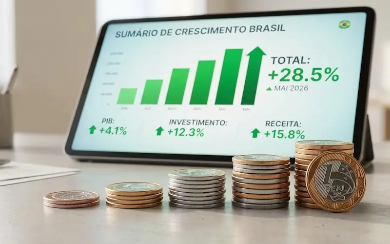 Close-up de moedas e notas de real brasileiro ao lado de um tablet exibindo o site do Tesouro Direto.