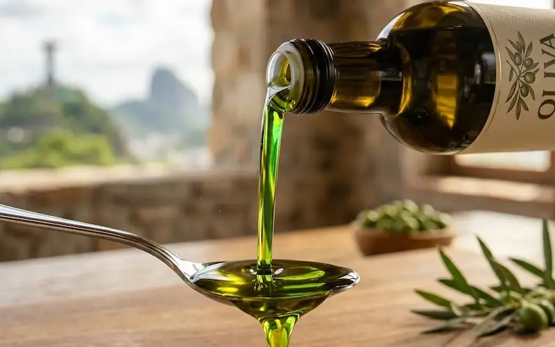 Uma pessoa servindo azeite de oliva em uma colher para análise de cor e viscosidade.