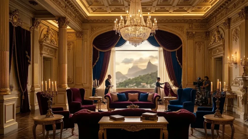 Réplica luxuosa do interior de um palácio real britânico em um set de filmagem.