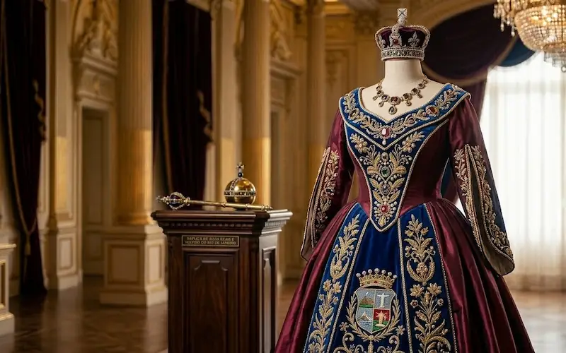 Close-up detalhado de um vestido de gala e joias réplicas da família real.