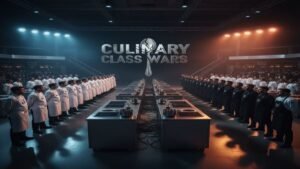 Chefs de elite (Colheres Brancas) e chefs anônimos (Colheres Pretas) alinhados no reality show Guerra Culinária Netflix.