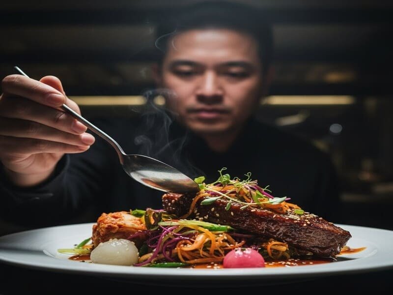 Um jurado prova um prato gourmet em uma avaliação cega, destacando o foco no sabor da competição.