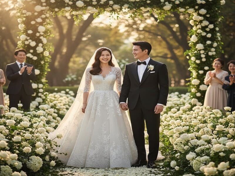 Casamento real dos atores de Pousando no Amor, Hyun Bin e Son Ye-jin, celebrando o romance que nasceu na série.