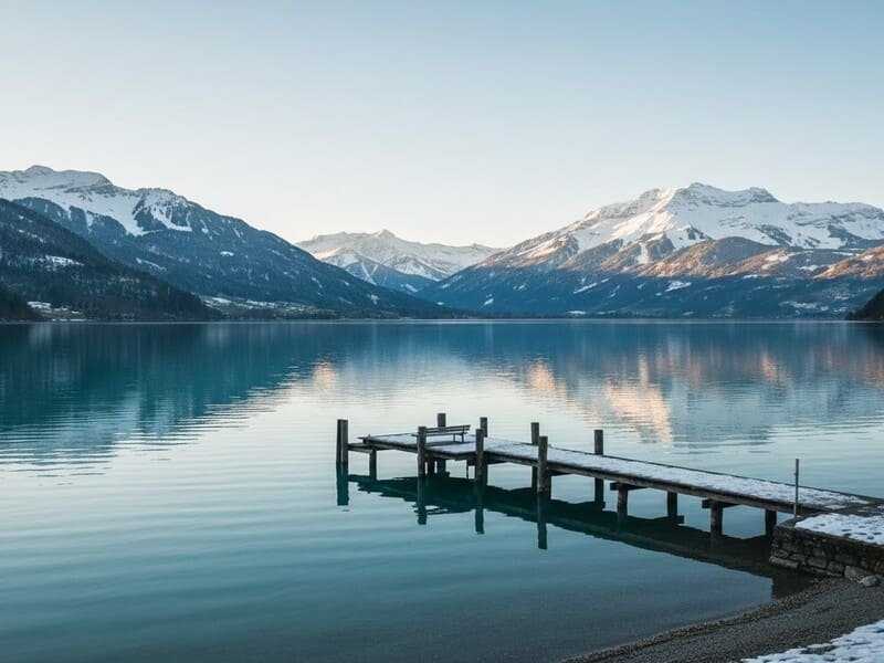 Cenário de montanhas e lago na Suíça, importante local de filmagem do dorama Pousando no Amor e palco de cenas finais e flashbacks.