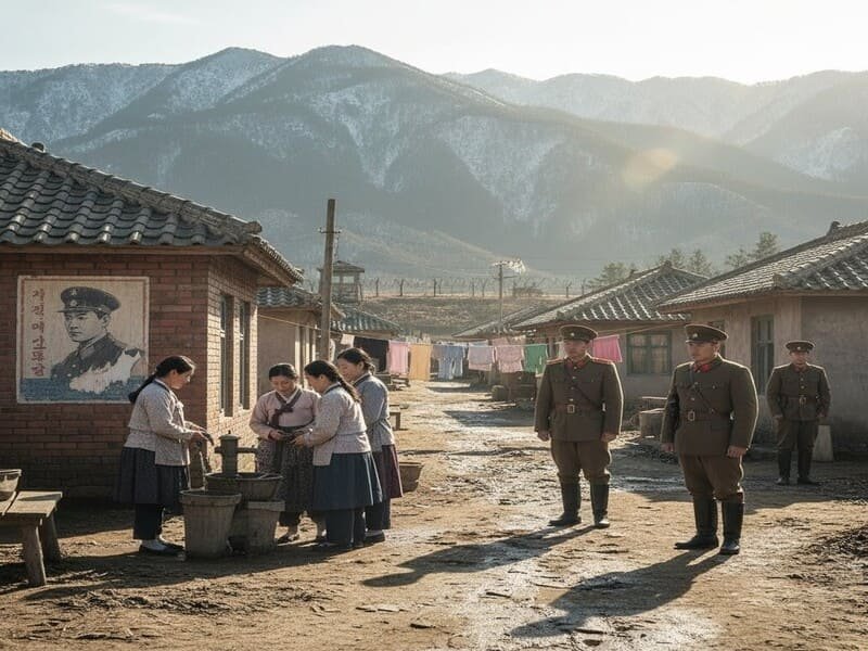 Vida na vila norte-coreana em Pousando no Amor, com mulheres lavando roupas e soldados, retratando o dia a dia na Coreia do Norte.