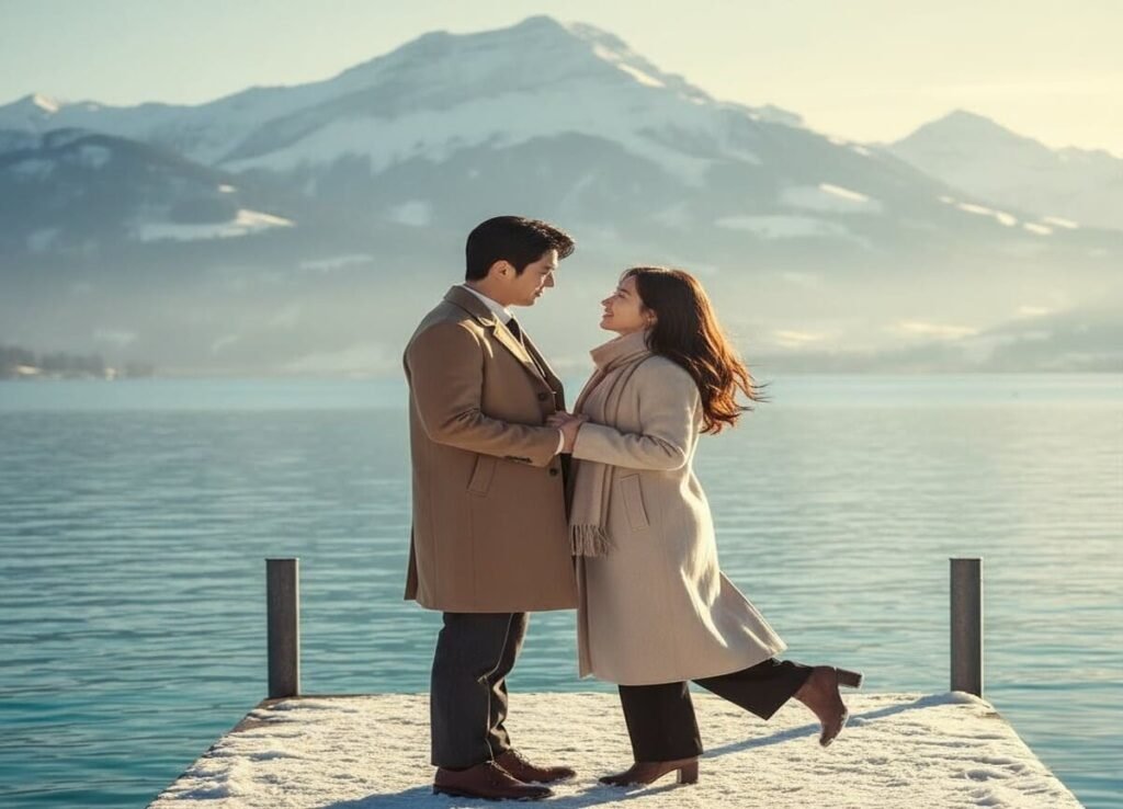 Casal principal do dorama Pousando no Amor em cena romântica, dorama de sucesso da Netflix sobre a Coreia.