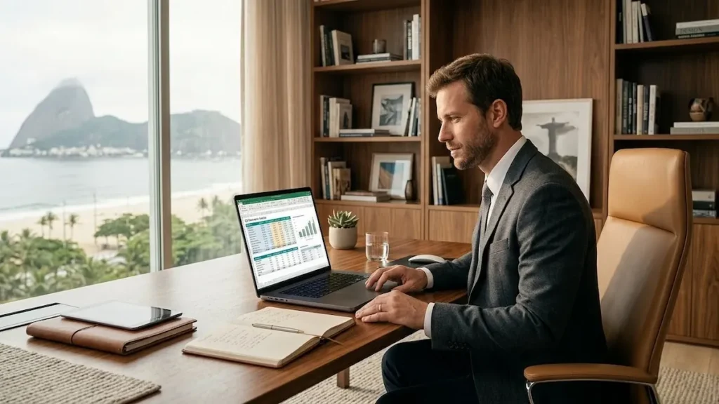 Homem analisando planilhas e documentos para evitar os erros financeiros mais comuns.