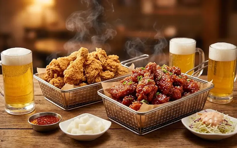 Pratos típicos coreanos como frango frito e cerveja em cena de Pousando no Amor Netflix.