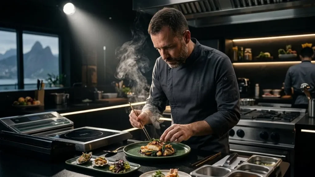 Chefs profissionais na competição Guerra Culinária Netflix.