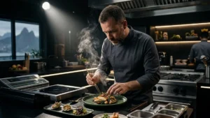 Chefs profissionais na competição Guerra Culinária Netflix.