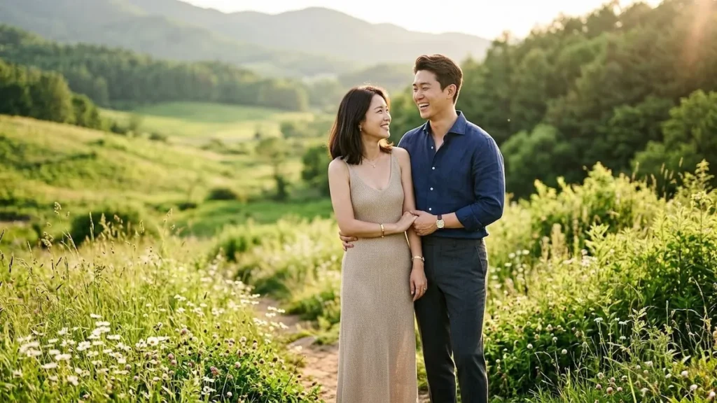 Casal protagonista do dorama Pousando no Amor Netflix em cenário romântico.