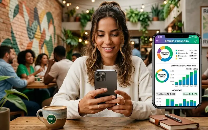 Smartphone com app de finanças para monitorar erros financeiros mais comuns.