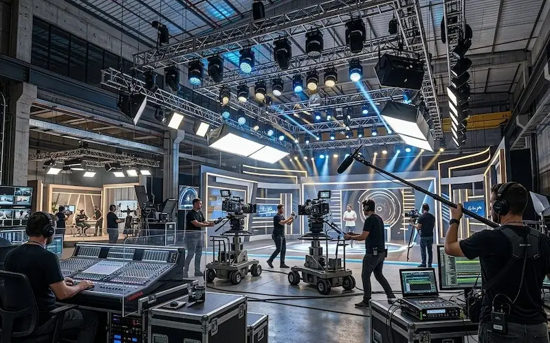 Equipamentos de filmagem nos bastidores da Guerra Culinária Netflix.