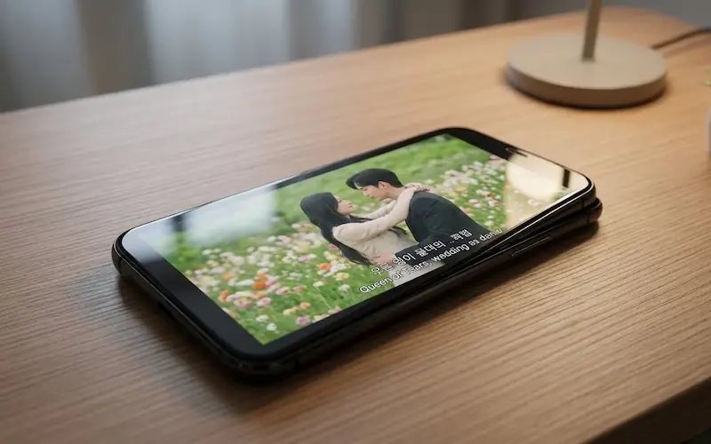 Smartphone exibindo a interface de Pousando no Amor Netflix com alta resolução.