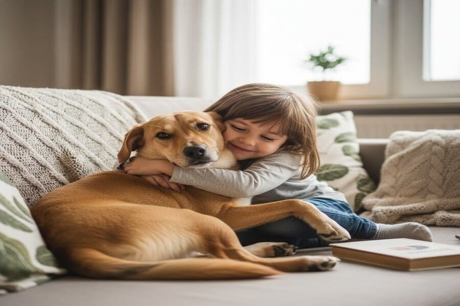 Foto calorosa de um vira-lata caramelo sendo abraçado por um tutor, destacando a importância da adoção e a lealdade dos cães SRD.