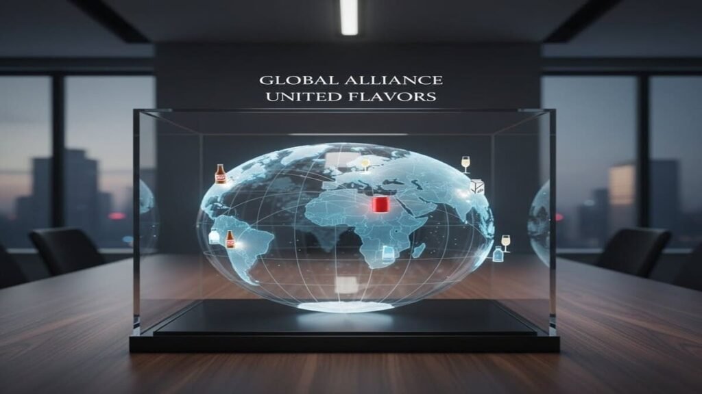 Mapa-múndi estilizado, representando a AmBev história e sua expansão como uma cervejaria global após a fusão.