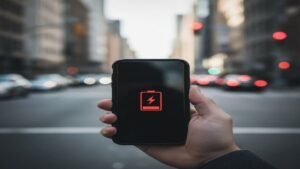 Mão segurando celular com bateria descarregando rápido e ícone de pouca carga.