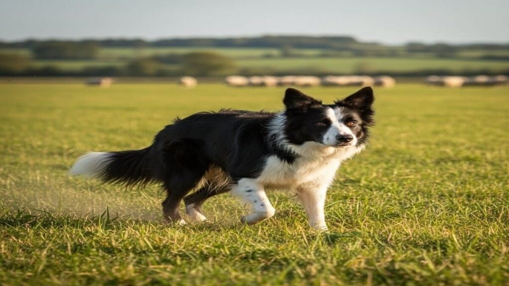 Border Collie atento em campo com ovelhas.