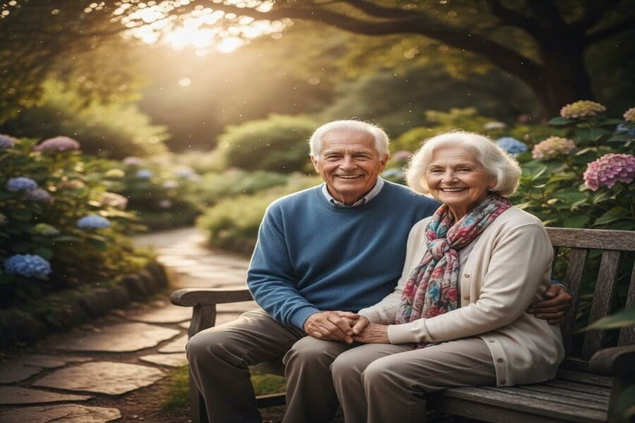 Casal mais velho e feliz, de mãos dadas, representando a longevidade e o sucesso de um casamento onde o marido é romântico.