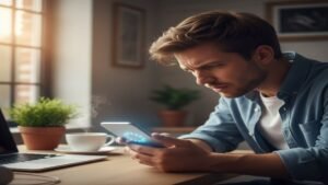 Usuário frustrado com o celular travando exibindo ícone de carregamento.