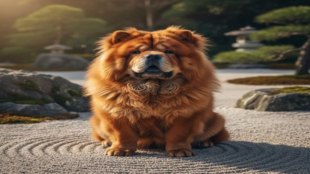 Cachorro da raça Chow Chow com pelagem avermelhada sentado como um leão em um jardim.