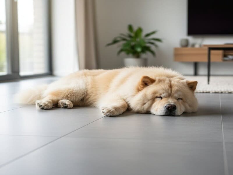 Chow Chow dormindo relaxado no piso frio de uma casa