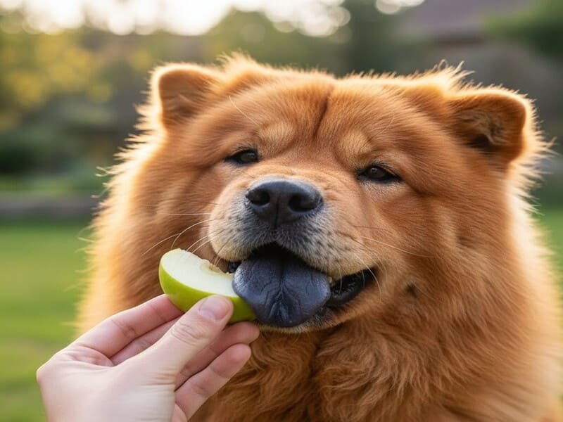 Close no rosto de um Chow Chow mostrando a língua azul enquanto come um pedaço de maçã.