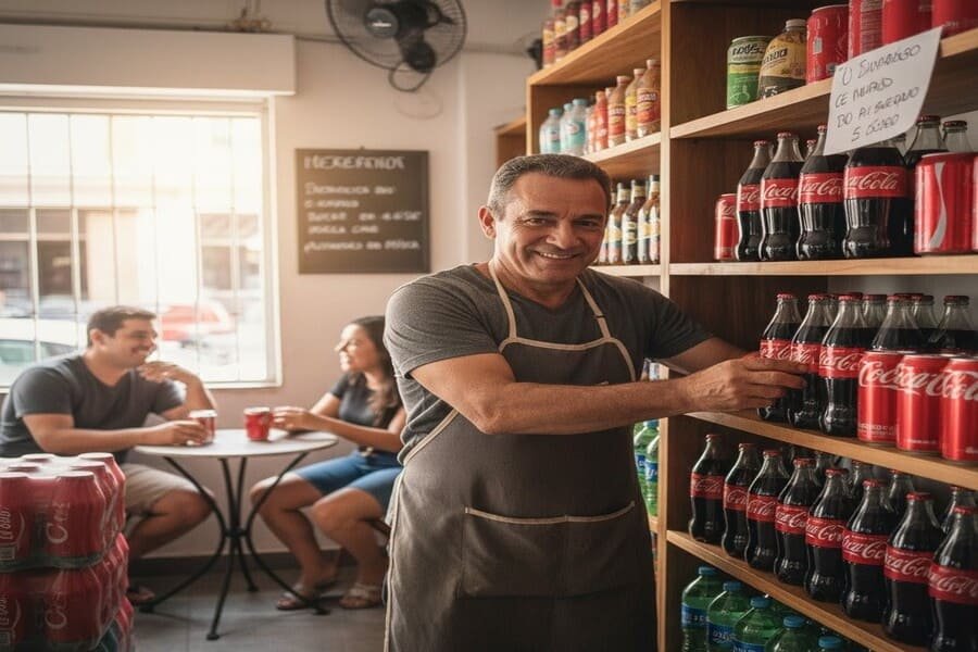 Pequeno comerciante com produtos Coca-Cola