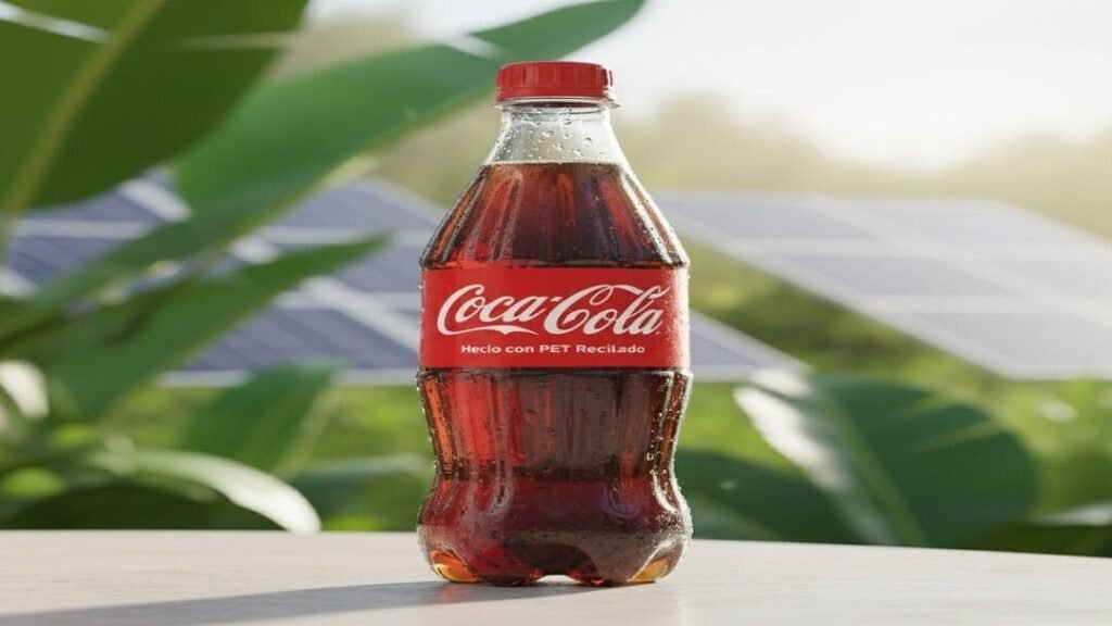 Garrafa de Coca-Cola em PET reciclado com fundo sustentável