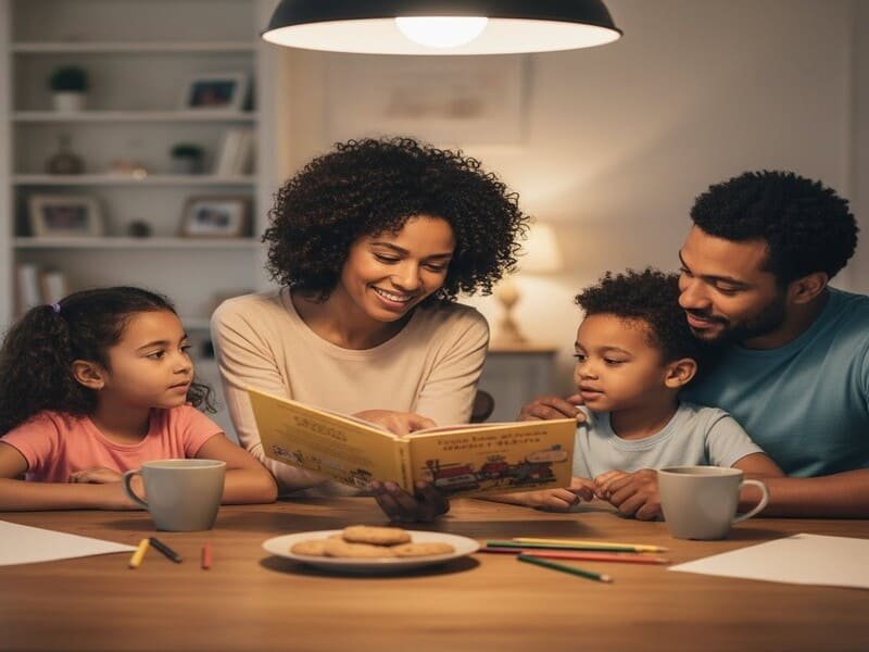 Família em diálogo, reforçando a comunicação como essencial para o respeito aos responsáveis e para criar filhos obedientes.