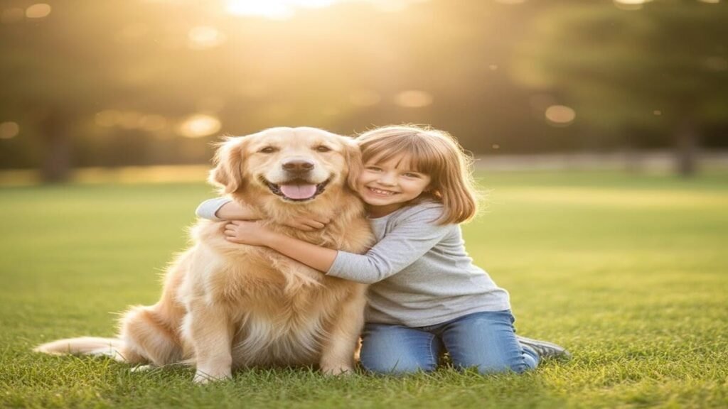 Menina abraçando carinhosamente um Golden Retriever.